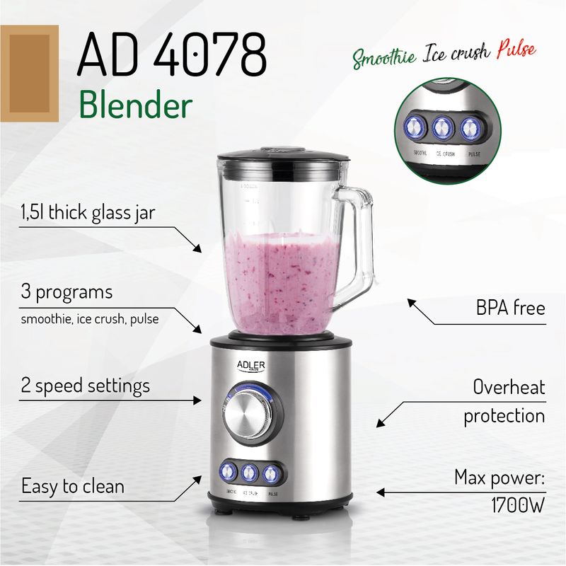 Electronice si Electrocasnice - Electrocasnice bucatarie - Mixere, tocatoare & roboti de bucatarie - Blendere si mini tocatoare - Blender Adler AD 4078, 1700 W, Argintiu - Infinity.ro