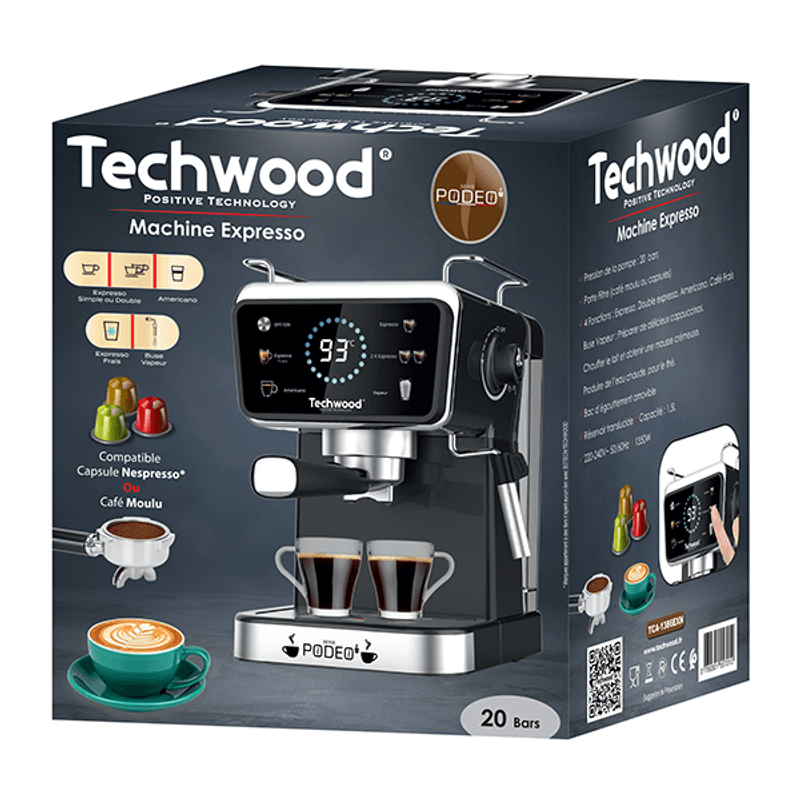 Electronice si Electrocasnice - Electrocasnice bucatarie - Preparare bauturi - Espressoare - Espressor Techwood TCA-1386EXN, 20 bar, capsule Nespresso sau cafea macinata, 1.5L - Infinity.ro
