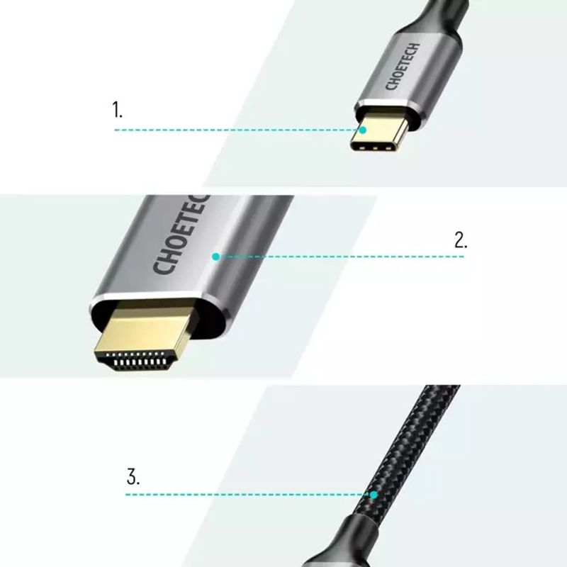 TV, Audio-Video si Foto - Accesorii TV si audio - Cabluri si adaptoare video - Cablu USB-C la HDMI de 2 m Choetech si Adaptor USB-C la HDMI - Gri - Infinity.ro
