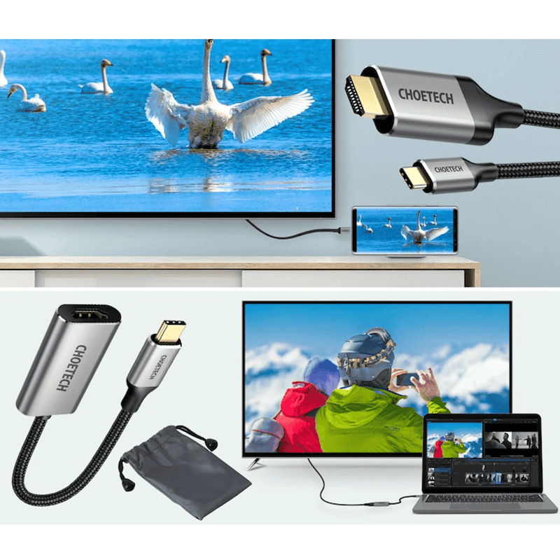 TV, Audio-Video si Foto - Accesorii TV si audio - Cabluri si adaptoare video - Cablu USB-C la HDMI de 2 m Choetech si Adaptor USB-C la HDMI - Gri - Infinity.ro