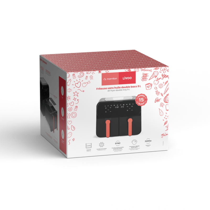 Electronice si Electrocasnice - Electrocasnice bucatarie - Aparate de gatit & desert - Friteuze - Friteuza cu aer cald dubla Livoo DOC316, 9L (2x4.5L), 2400W, 7 programe - Infinity.ro