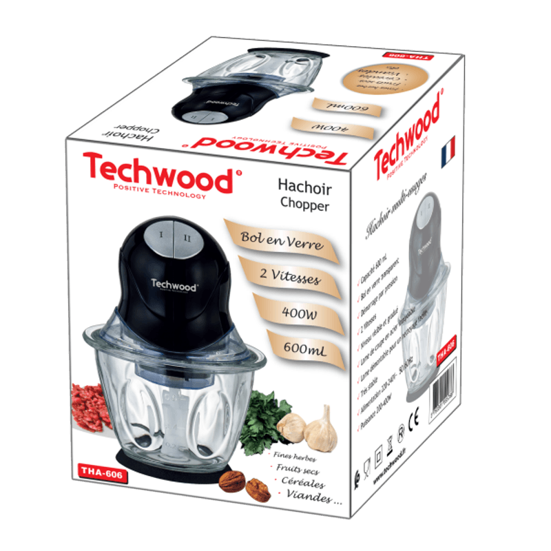 Electronice si Electrocasnice - Electrocasnice bucatarie - Mixere, tocatoare & roboti de bucatarie - Blendere si mini tocatoare - Tocator electric Techwood THA-606, 600ml, 200-400W, sticla - Infinity.ro