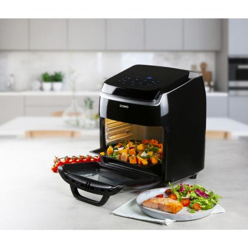Electronice si Electrocasnice - Aragazuri, cuptoare si hote - Cuptoare - Cuptoare electrice - Friteuza, Cuptor cu aer cald si Uscator de alimente 3 in 1 Domo DO534FR, 1800 W, capacitate 10 l, 8 programe - Infinity.ro