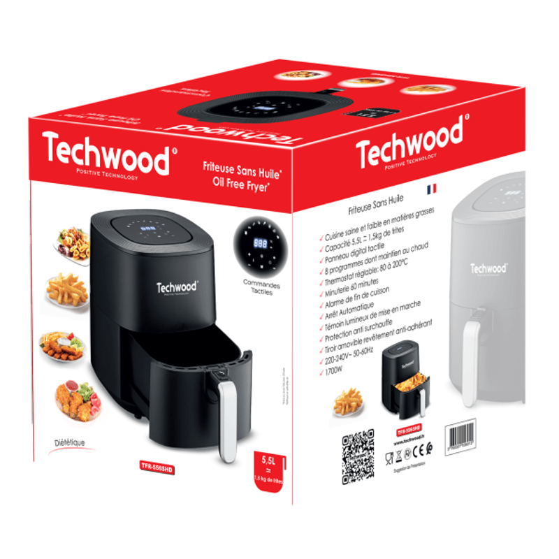 Electronice si Electrocasnice - Electrocasnice bucatarie - Aparate de gatit & desert - Friteuze - Friteuza cu aer cald Techwood TFR-556SHD, 5.5L, 1700W, 8 programe, 80 - 200 °C - Infinity.ro