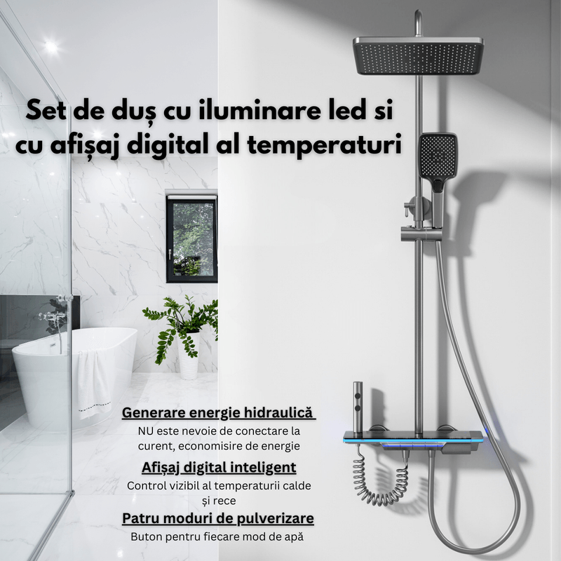 Casa si Gradina - Sanitare - Cazi si cabine de dus - Coloane si seturi de dus - Set de dus cu Iluminare LED si afisaj Digital al Temperaturi, Termostat si turbina generatoare de curent integrata - Infinity.ro