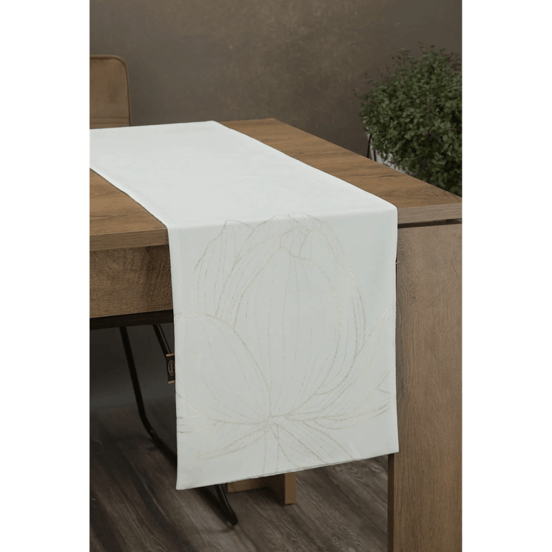 Casa si Gradina - Textile si covoare - Textile bucatarie - Fete de masa - Fata de masa BLINK 12 din catifea cu model floral botanic tip flori de lotus, 35 x 140 cm, alb - Infinity.ro