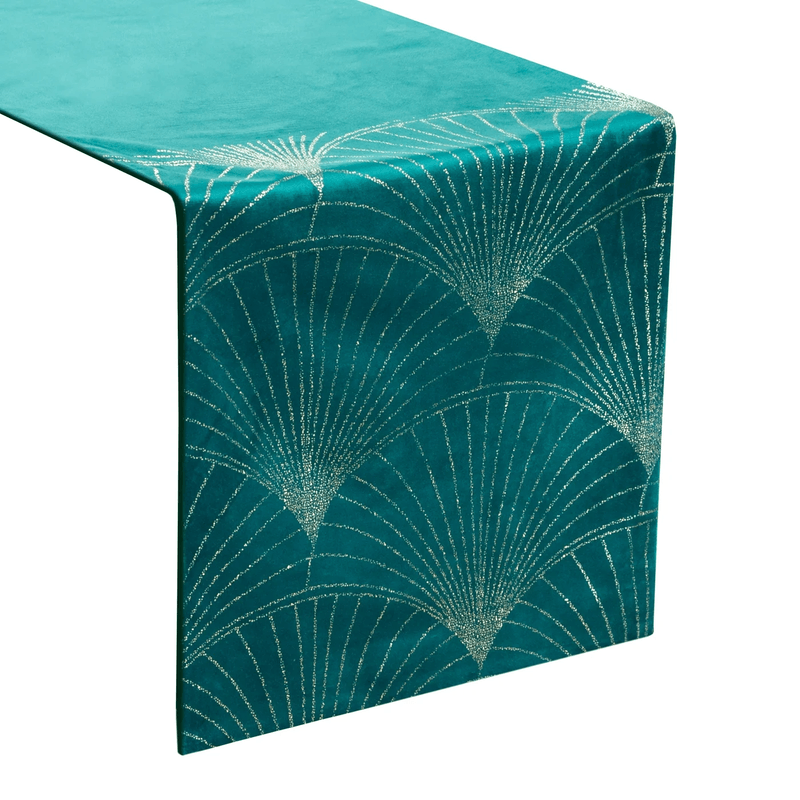 Casa si Gradina - Textile si covoare - Textile bucatarie - Fete de masa - Fata de masa BLINK 14 din catifea cu model evantai art deco, 35 x 140 cm, turcoaz - Infinity.ro