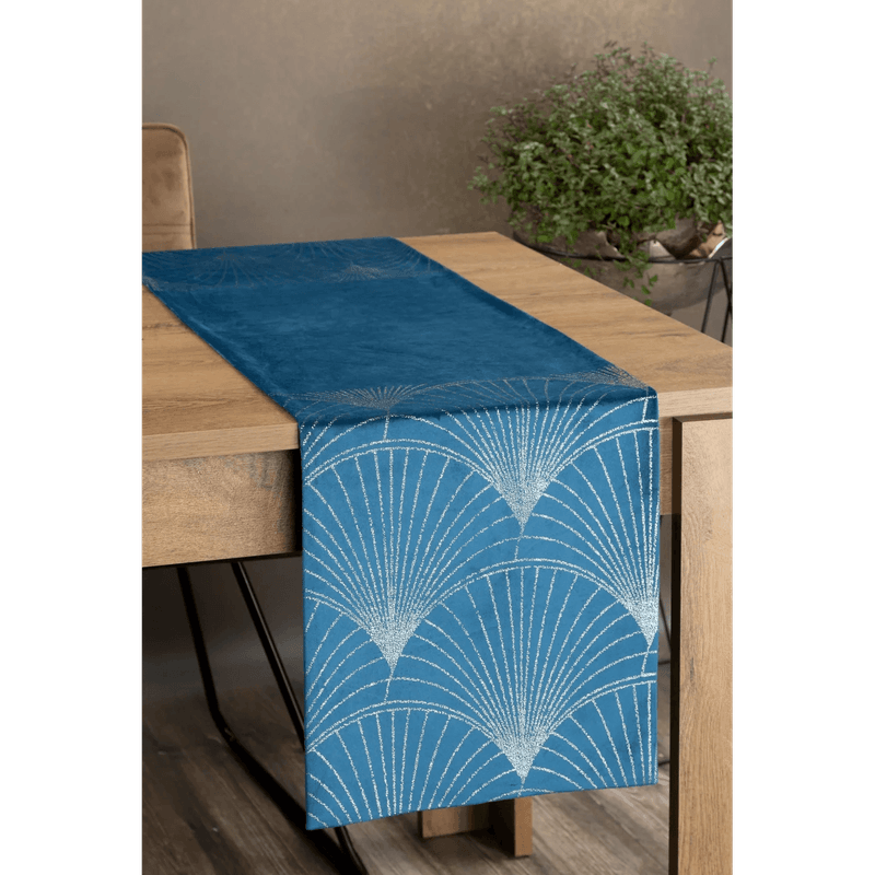 Casa si Gradina - Textile si covoare - Textile bucatarie - Fete de masa - Fata de masa BLINK 14 din catifea cu model evantai art deco, 35 x 140 cm, albastru - Infinity.ro