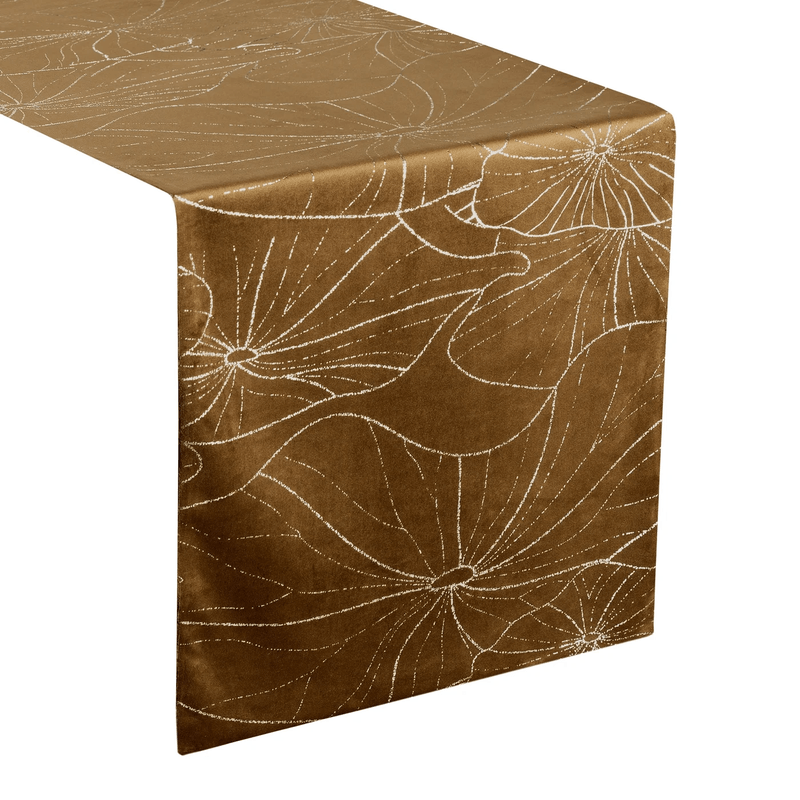 Casa si Gradina - Textile si covoare - Textile bucatarie - Fete de masa - Fata de masa BLINK 15 din catifea cu frunze delicate de nufar auriu aprins, 35 x 140 cm, maro - Infinity.ro