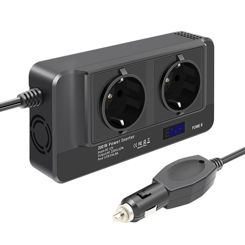 Auto si Moto - Reparatii si depanare - Invertoare auto - Invertor de putere cu unda sinusoidala Techstar®, 200W, DC12V la AC220V, Afisaj LCD, 2 prize AC EU, 4 Porturi USB - Infinity.ro