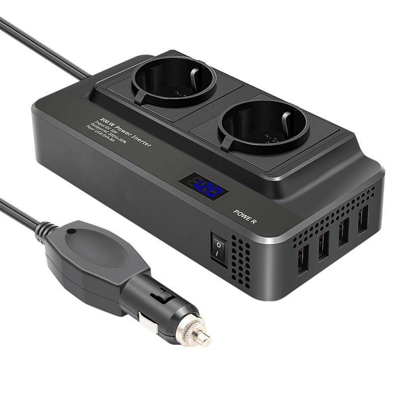 Auto si Moto - Reparatii si depanare - Invertoare auto - Invertor de putere cu unda sinusoidala Techstar®, 200W, DC12V la AC220V, Afisaj LCD, 2 prize AC EU, 4 Porturi USB - Infinity.ro