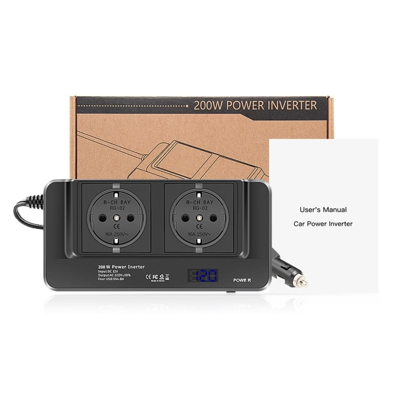Auto si Moto - Reparatii si depanare - Invertoare auto - Invertor de putere cu unda sinusoidala Techstar®, 200W, DC12V la AC220V, Afisaj LCD, 2 prize AC EU, 4 Porturi USB - Infinity.ro