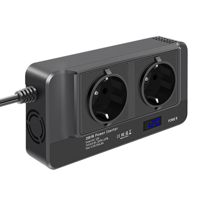 Auto si Moto - Reparatii si depanare - Invertoare auto - Invertor de putere cu unda sinusoidala Techstar®, 200W, DC12V la AC220V, Afisaj LCD, 2 prize AC EU, 4 Porturi USB - Infinity.ro