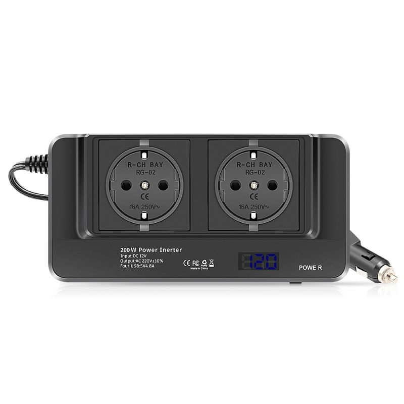 Auto si Moto - Reparatii si depanare - Invertoare auto - Invertor de putere cu unda sinusoidala Techstar®, 200W, DC12V la AC220V, Afisaj LCD, 2 prize AC EU, 4 Porturi USB - Infinity.ro