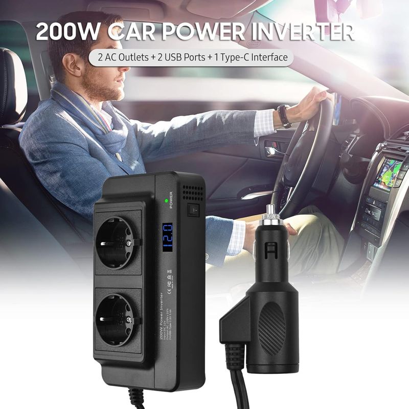 Auto si Moto - Reparatii si depanare - Invertoare auto - Invertor de Putere Sinusoidal Techstar®, 200W~400W, 12V la 220V – 2 Prize AC EU, 2 Porturi USB QC si 1 USB-C, cu Afisaj - Infinity.ro