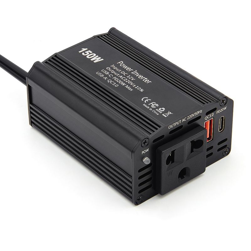 Auto si Moto - Reparatii si depanare - Invertoare auto - Invertor de Putere Auto Techstar® 150W - 12V DC la 220V AC, cu Porturi USB-C si USB-A pentru Incarcare Rapida - Infinity.ro