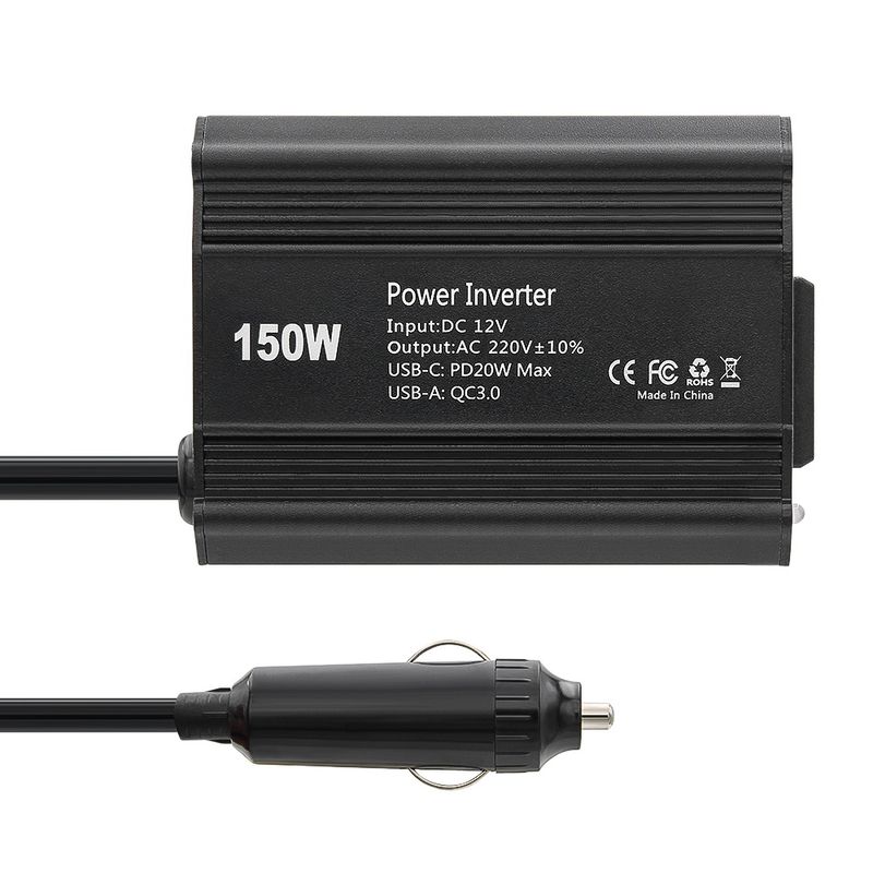 Auto si Moto - Reparatii si depanare - Invertoare auto - Invertor de Putere Auto Techstar® 150W - 12V DC la 220V AC, cu Porturi USB-C si USB-A pentru Incarcare Rapida - Infinity.ro