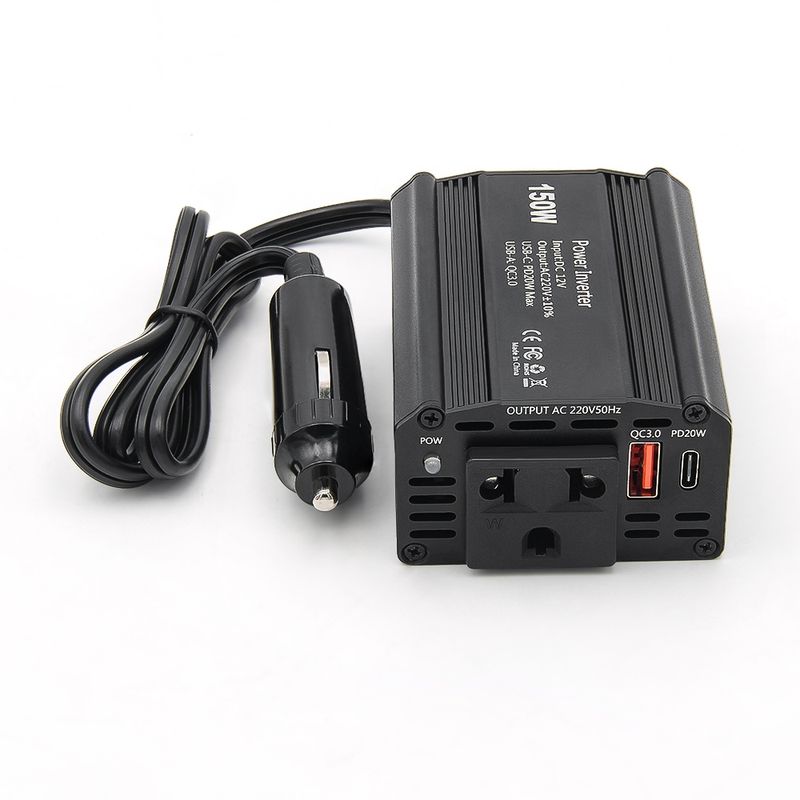 Auto si Moto - Reparatii si depanare - Invertoare auto - Invertor de Putere Auto Techstar® 150W - 12V DC la 220V AC, cu Porturi USB-C si USB-A pentru Incarcare Rapida - Infinity.ro