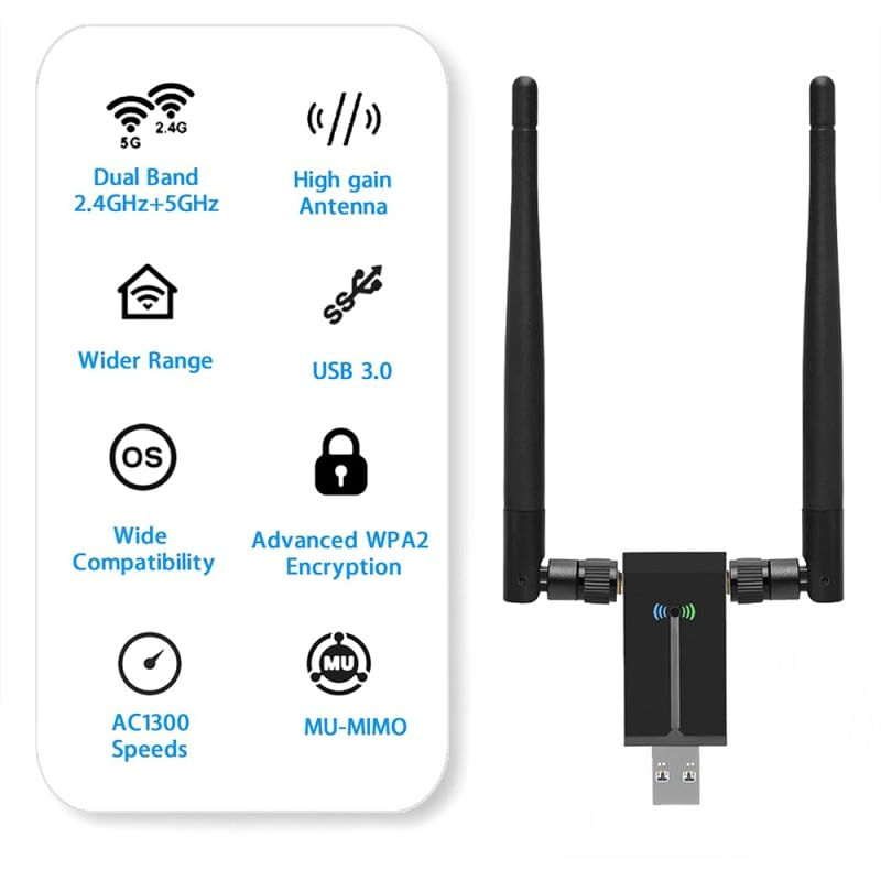 PC, gaming si accesorii - Retelistica - Wireless - Adaptoare wireless - Adaptor Wireless Techstar® AC 1200 Dual-Band, 1200Mbps, USB 3.0, 2.4G/5G, Long Range, 2 Antene, Negru - Infinity.ro