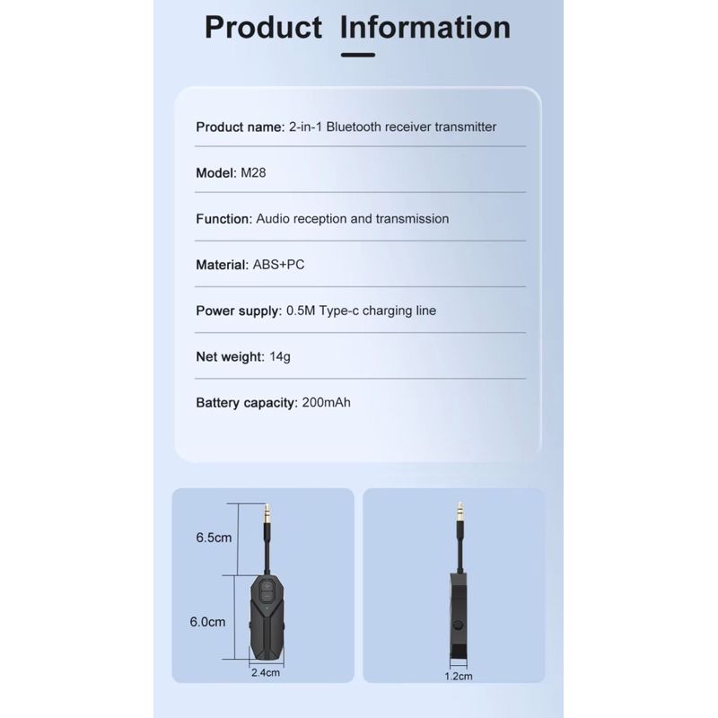 TV, Audio-Video si Foto - Accesorii TV si audio - Cabluri si adaptoare audio - Transmitator si Receptor Audio Techstar M126 cu Bluetooth 5.4, Wireless, Portabil, Compatibil TV, PC, Boxe, Casti, Aux - Infinity.ro
