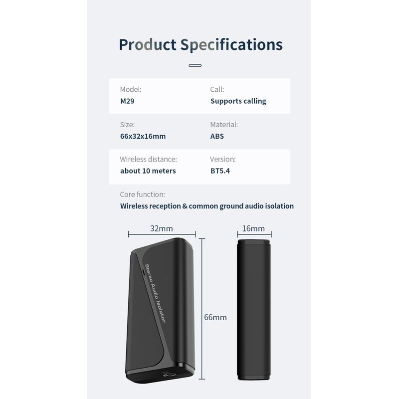 TV, Audio-Video si Foto - Accesorii TV si audio - Cabluri si adaptoare audio - Adaptor Audio Bluetooth 2 in 1 Techstar M29, Versiune 5.4, Izolator de Zgomot, Anti-interferenta, Sunet Clar - Infinity.ro