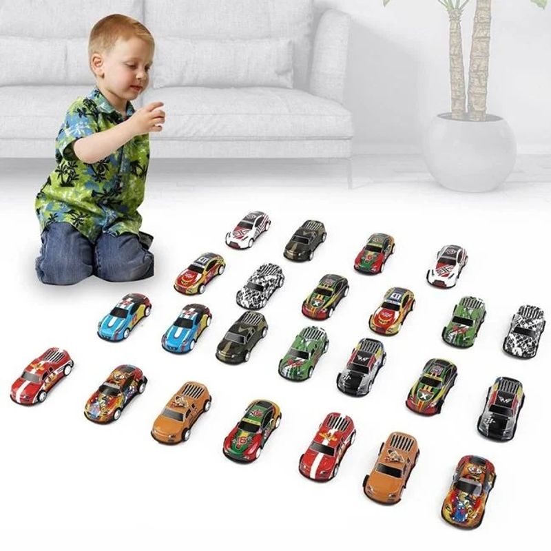 Jucarii, Copii si Bebe - Jucarii si jocuri - Vehicule si jucarii cu telecomanda - Masinute - Set cu 24 masinute pull back, include figurine in forma de oameni, copaci si locuri de parcare, 68x4x68cm, multicolor - Infinity.ro