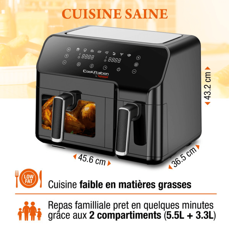Electronice si Electrocasnice - Electrocasnice bucatarie - Aparate de gatit & desert - Friteuze - Friteuza cu aer cald dubla CookStation by Techwood CS-927, 5.5L + 3.3L, 2700W, 9 programe, 80 - 200°C - Infinity.ro