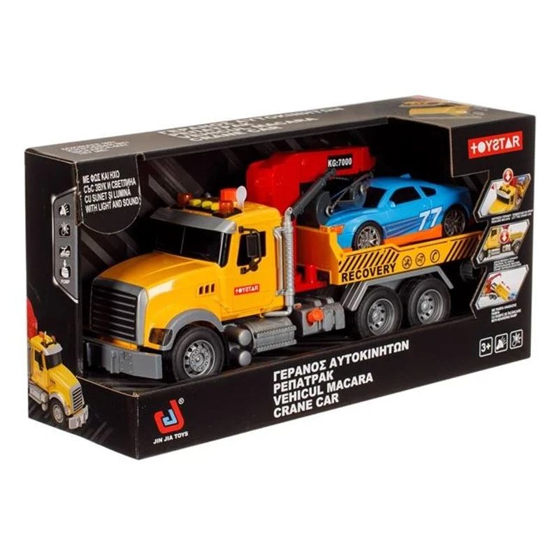 Jucarii, Copii si Bebe - Jucarii si jocuri - Vehicule si jucarii cu telecomanda - Utilaje constructie de jucarie - Camion macara cu platforma si masina, cu lumina si sunet, 42x14x21cm, multicolor - Infinity.ro