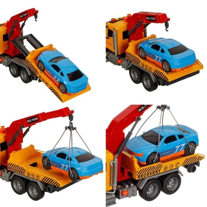 Jucarii, Copii si Bebe - Jucarii si jocuri - Vehicule si jucarii cu telecomanda - Utilaje constructie de jucarie - Camion macara cu platforma si masina, cu lumina si sunet, 42x14x21cm, multicolor - Infinity.ro