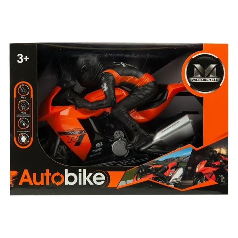 Jucarii, Copii si Bebe - Jucarii si jocuri - Vehicule si jucarii cu telecomanda - Motociclete de jucarie - Motocicleta rotativa cu sofer, cu sunete si lumini, functie bump&go, 31x13x22cm, portocaliu-negru - Infinity.ro