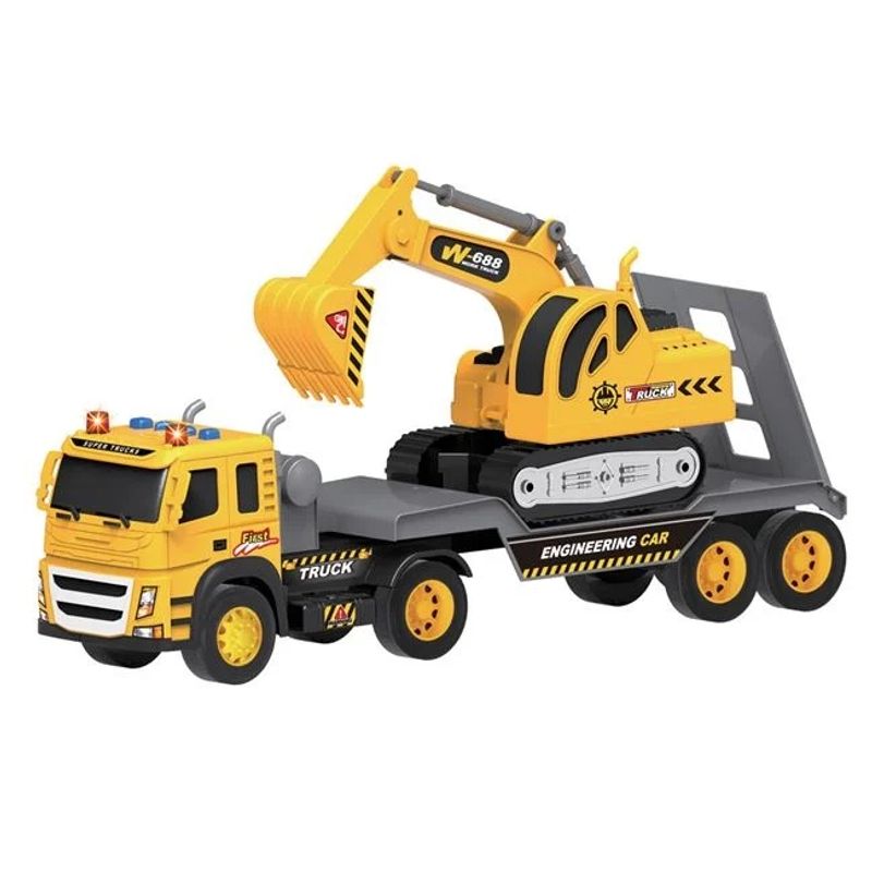 Jucarii, Copii si Bebe - Jucarii si jocuri - Vehicule si jucarii cu telecomanda - Utilaje constructie de jucarie - Jucarie camion cu excavator, cu sunet si lumini, 50x12x25cm, negru-galben - Infinity.ro