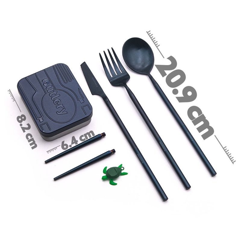 Casa si Gradina/Bucatarie si vesela/Vesela si tacamuri/Tacamuri si seturi - Tacamuri pentru transport/camping, Outlery, Set de 5, reutilizabile cu cutie metalica, albastru - Infinity.ro