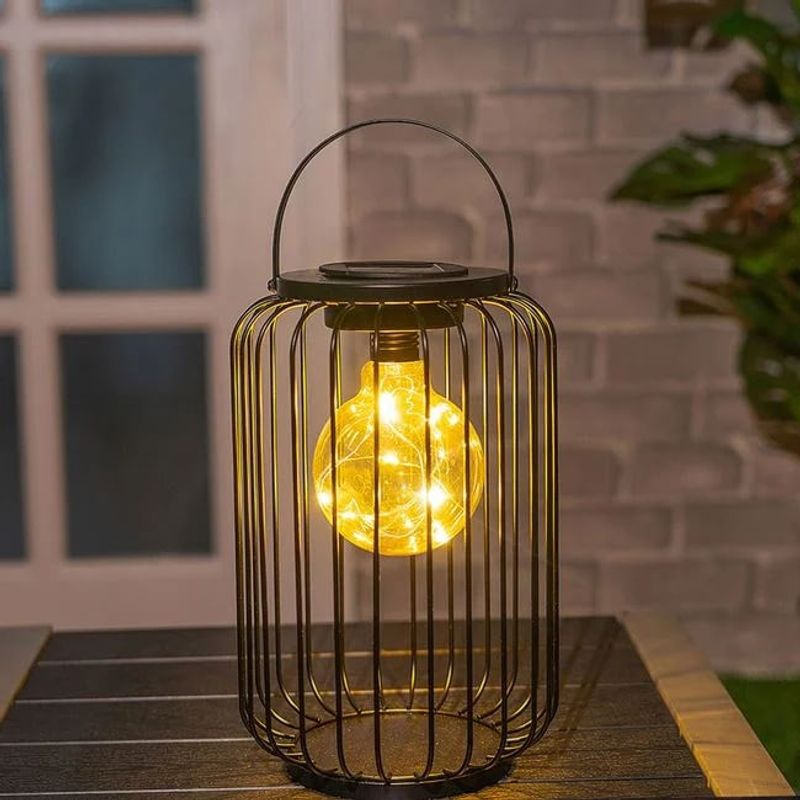 Casa si Gradina - Corpuri si surse de iluminat - Iluminat exterior - Felinare - Felinar solar, tip colivie cu bec suspendat, diametru 18x27cm, negru - Infinity.ro