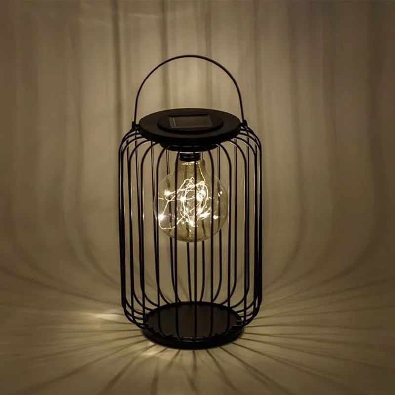 Casa si Gradina - Corpuri si surse de iluminat - Iluminat exterior - Felinare - Felinar solar, tip colivie cu bec suspendat, diametru 18x27cm, negru - Infinity.ro