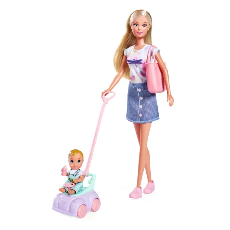 Jucarii, Copii si Bebe - Jucarii si jocuri - Papusi si accesorii - Papusi - Papusa Steffi cu masinuta premergator si bebe - Infinity.ro