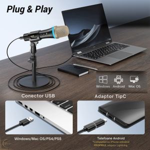 Microfon Profesional PC / Telefon, Dinamic, Tonor TD310 - Lumina RGB, Quick Mute & Stand, USB Tip C, 3/8’’-5/8’’