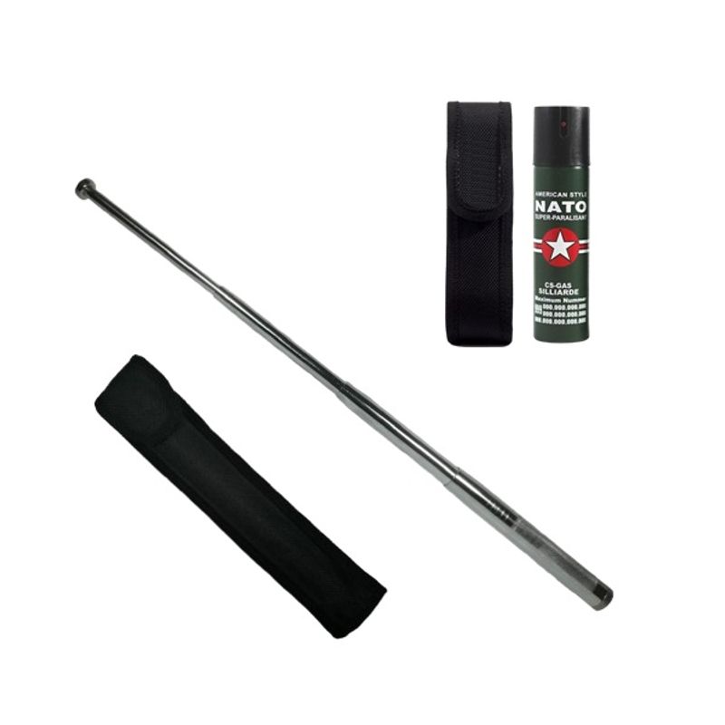 Sport si Outdoor - Sporturi de contact - Produse autoaparare - Set baston telescopic din otel si spray paralizant , 110 ml, argintiu, 77 cm, 4 sectiuni , husa inclusa - Infinity.ro
