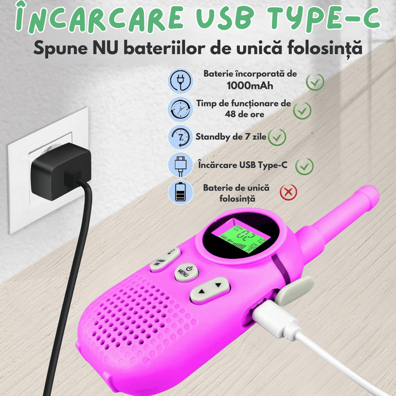 Jucarii, Copii si Bebe - Jucarii si jocuri - Jucarii & jocuri educative - Jucarii interactive - Set 2 statii Walkie Talkie pentru copii, cu Raza Lunga de Actiune, functia Vox, Varsta Recomandata +3 ani, Sunet clar - Infinity.ro