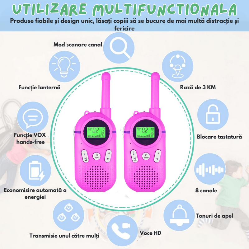 Jucarii, Copii si Bebe - Jucarii si jocuri - Jucarii & jocuri educative - Jucarii interactive - Set 2 statii Walkie Talkie pentru copii, cu Raza Lunga de Actiune, functia Vox, Varsta Recomandata +3 ani, Sunet clar - Infinity.ro