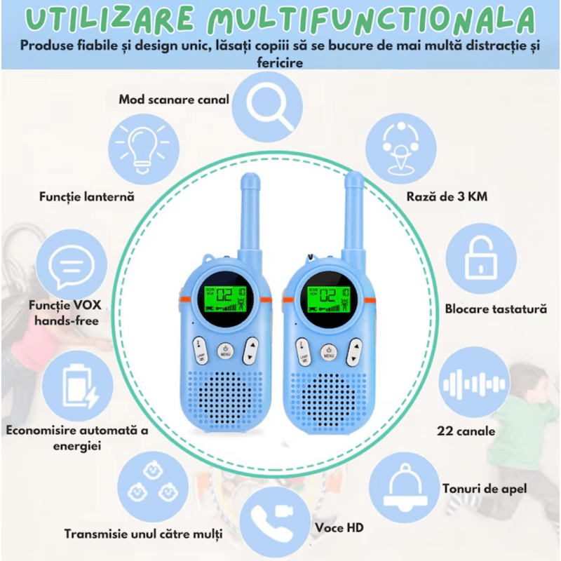 Jucarii, Copii si Bebe - Jucarii si jocuri - Jucarii & jocuri educative - Jucarii interactive - Set 2 statii Walkie Talkie pentru copii, cu Raza Lunga de Actiune, functia Vox, Varsta Recomandata +3 ani, Sunet clar - Infinity.ro
