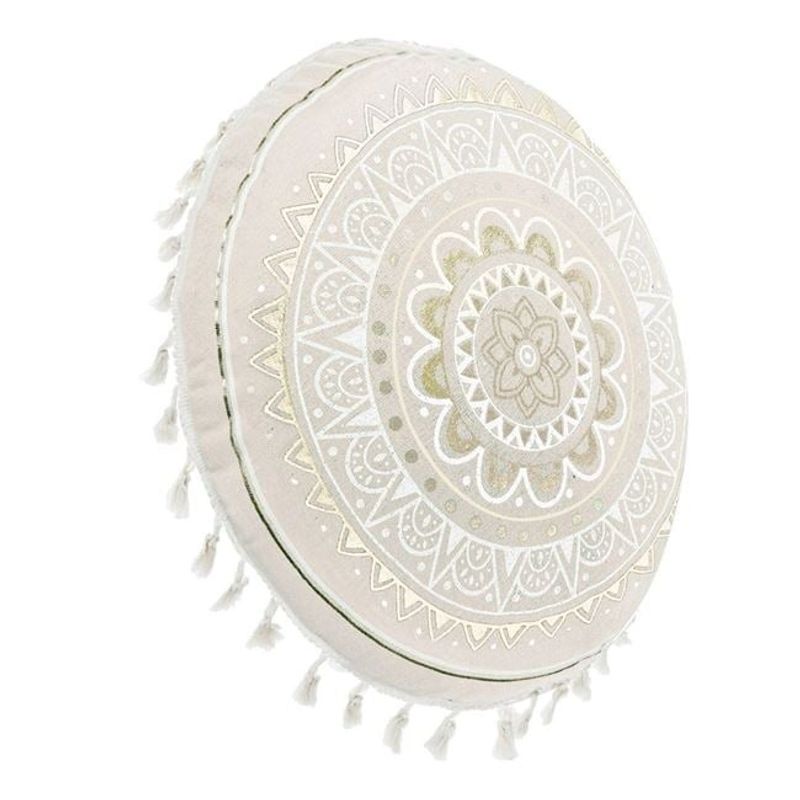 Casa si Gradina - Textile si covoare - Perne si pilote - Perne decorative - Perna de podea rotunda, model mandala cu franjuri, fara fermoar, Ø60 cm, bej/auriu - Infinity.ro