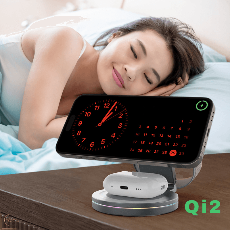 Laptop, Telefoane si Tablete - Telefoane mobile si accesorii - Accesorii Telefoane - Incarcatoare telefoane - Incarcator wireless Qi2 Fast Charge 15W, Statie de incarcare 3-in-1 rotativ 360°, Pliabil, Telefon, Smartwatch, Casti - Infinity.ro