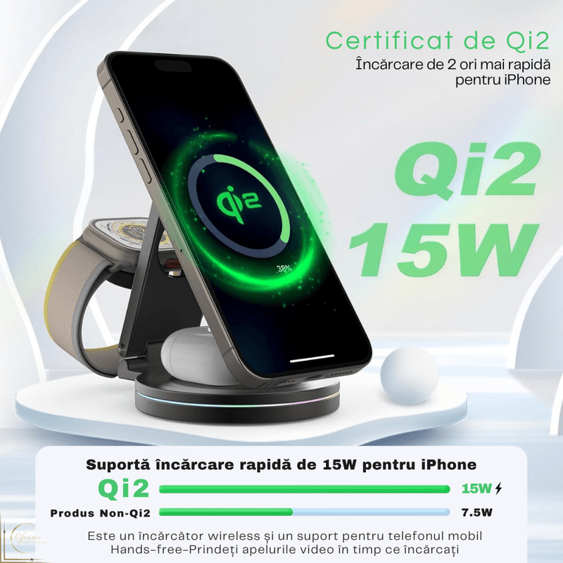 Laptop, Telefoane si Tablete - Telefoane mobile si accesorii - Accesorii Telefoane - Incarcatoare telefoane - Incarcator wireless Qi2 Fast Charge 15W, Statie de incarcare 3-in-1 rotativ 360°, Pliabil, Telefon, Smartwatch, Casti - Infinity.ro