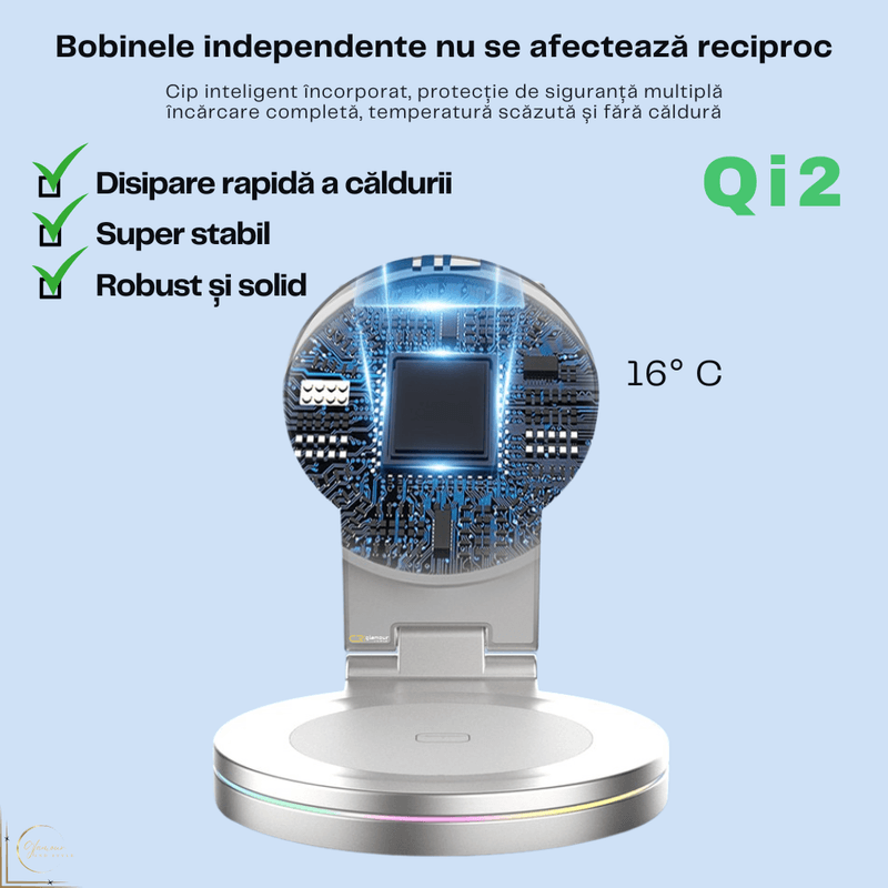 Laptop, Telefoane si Tablete - Telefoane mobile si accesorii - Accesorii Telefoane - Incarcatoare telefoane - Incarcator wireless Qi2 Fast Charge 15W, Statie de incarcare 3-in-1 rotativ 360°, Pliabil, Telefon, Smartwatch, Casti - Infinity.ro