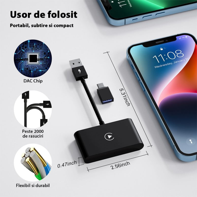 Auto si Moto - Electronice auto - Accesorii electronice auto - Adaptor Wireless Techstar® CTHT-020-2 Pentru Apple CarPlay Si iPhone iOS 10+, Dongle USB-Type C , WiFi 5G, Bluetooth - Infinity.ro