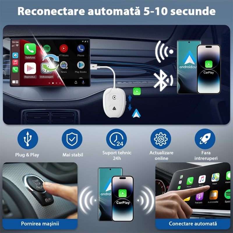 Auto si Moto - Electronice auto - Accesorii electronice auto - Adaptor Wireless Techstar® THT-020-9-1 Pentru Apple CarPlay Si Android Auto, Dongle USB-Type-C , WiFi 5G, Bluetooth - Infinity.ro