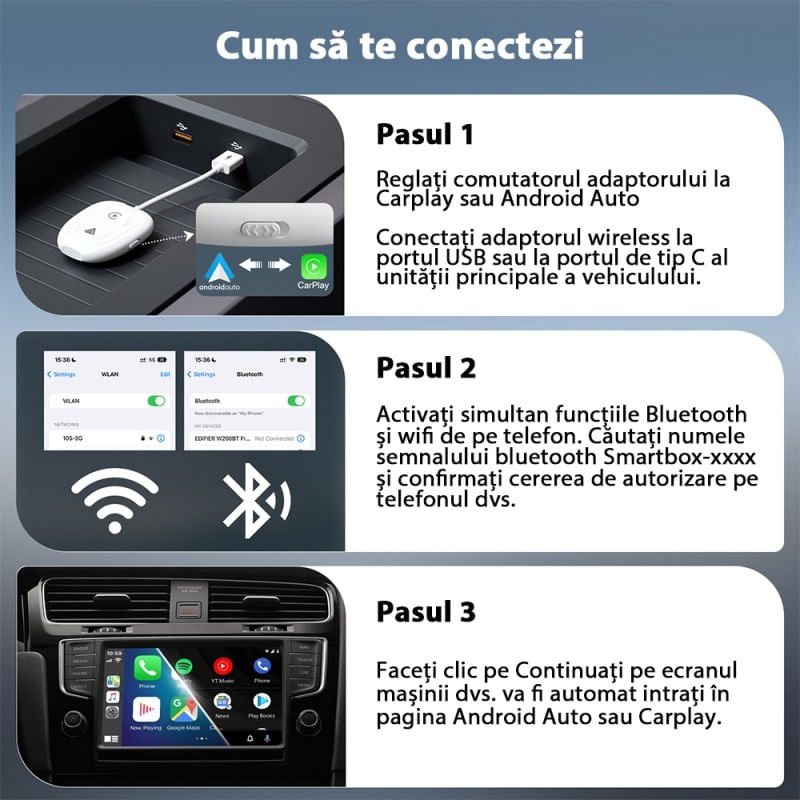 Auto si Moto - Electronice auto - Accesorii electronice auto - Adaptor Wireless Techstar® THT-020-9-1 Pentru Apple CarPlay Si Android Auto, Dongle USB-Type-C , WiFi 5G, Bluetooth - Infinity.ro