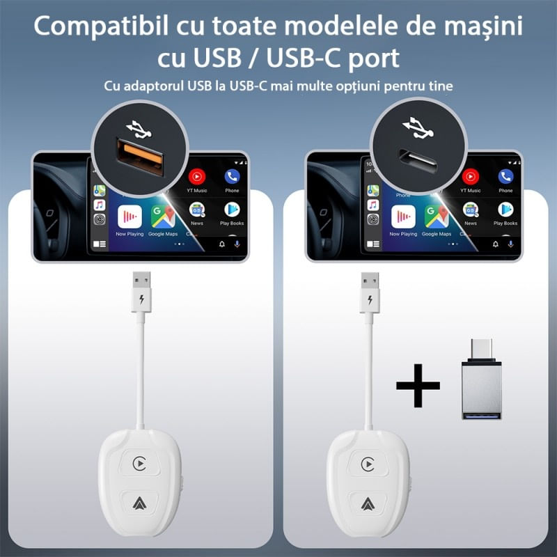 Auto si Moto - Electronice auto - Accesorii electronice auto - Adaptor Wireless Techstar® THT-020-9-1 Pentru Apple CarPlay Si Android Auto, Dongle USB-Type-C , WiFi 5G, Bluetooth - Infinity.ro