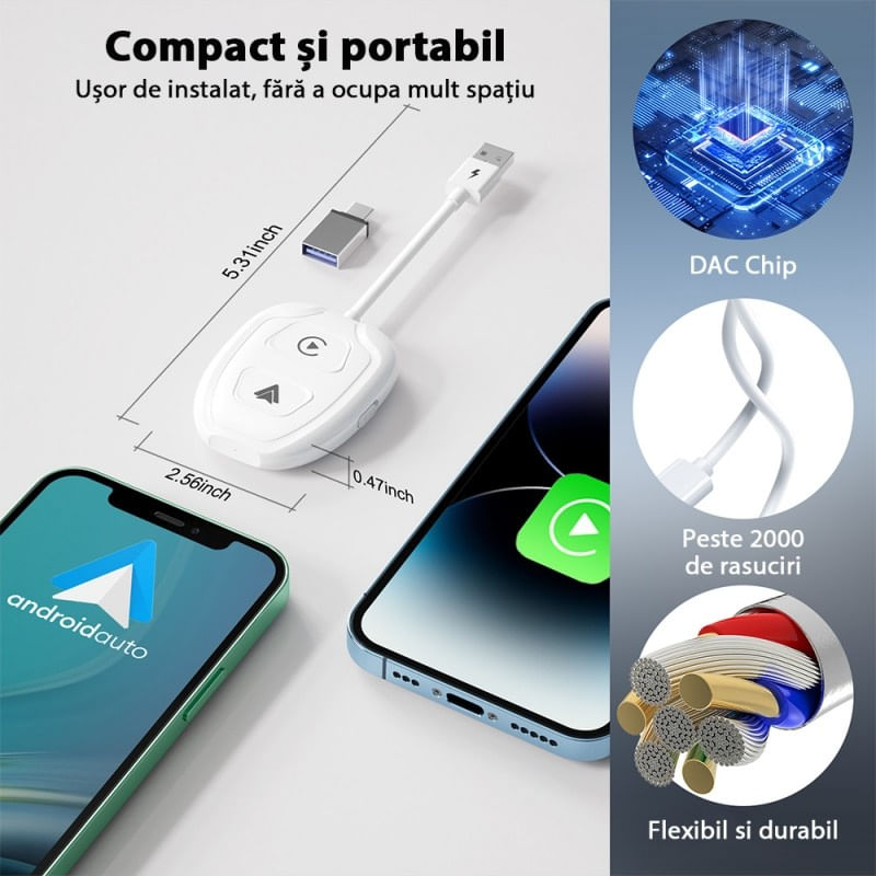 Auto si Moto - Electronice auto - Accesorii electronice auto - Adaptor Wireless Techstar® THT-020-9-1 Pentru Apple CarPlay Si Android Auto, Dongle USB-Type-C , WiFi 5G, Bluetooth - Infinity.ro
