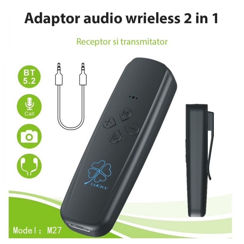 Auto si Moto - Electronice auto - Accesorii electronice auto - Transmitator receptor portabil 2 in 1 Techstar® M27, Compatibil Bluetooth 5.0, Reincarcabil, USB, AUX 3.5 mm, TV, PC - Infinity.ro